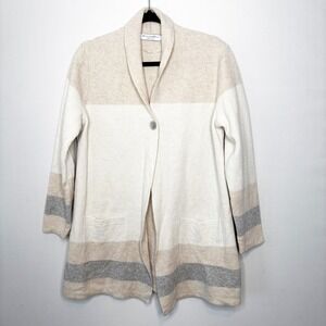 Bianco Blu Wool Cardigan Size‎ L Shawl Collar Striped Knit Button Front Italy